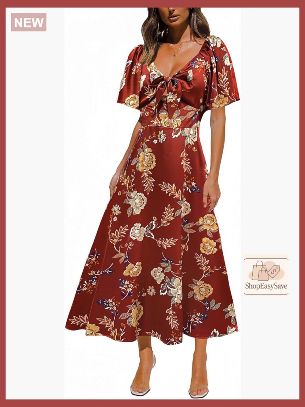 Elegant Satin Maxi Dress Deep V Neck Bow Tie Front Cap Sleeve Floral Print